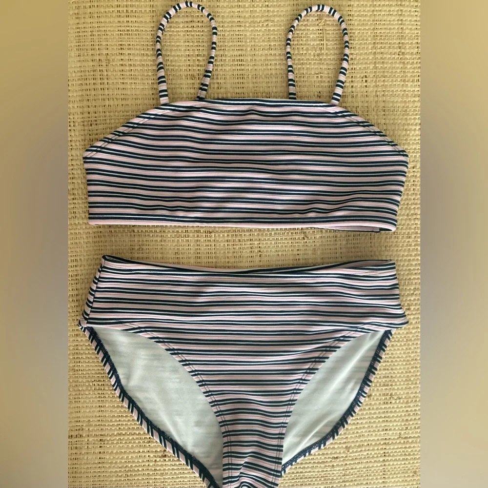 Girls Navy Stripe Two-Piece Swim Set Pink Navy White striped swimsuit